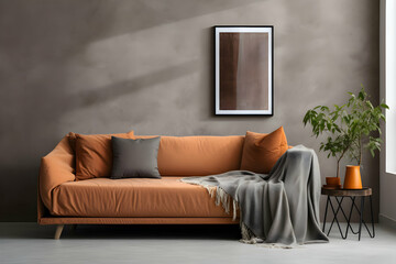 Interior design of contemporary living room with stylish comfortable terracotta sofa, pillows,...