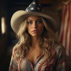 A highly attractive woman wearing a cowboy hat with an American flag in the background, Generative AI