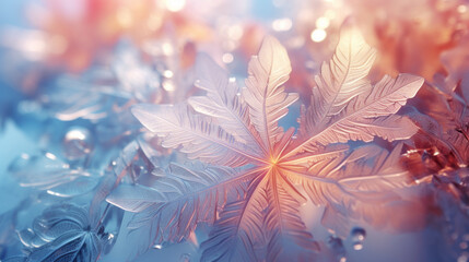 Frosty pattern on blurred background with bokeh in pink and blue neon colors. - obrazy, fototapety, plakaty