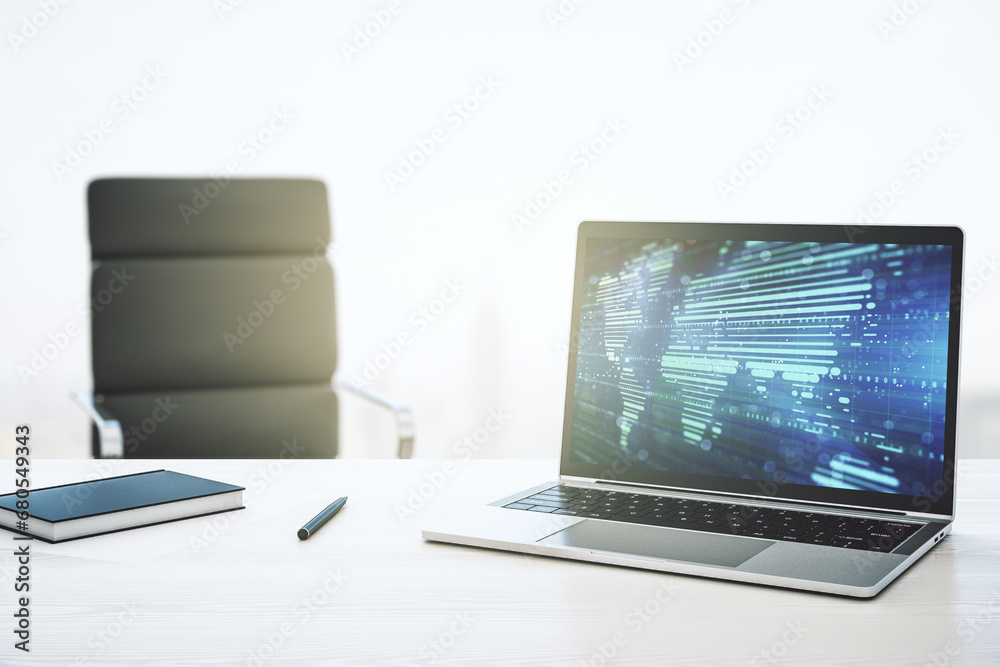 Leinwandbilder modern computer monitor with abstract digital world map, research and strategy concept. 3d rendering