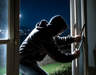 burglar breaking through window - obrazy, fototapety, plakaty