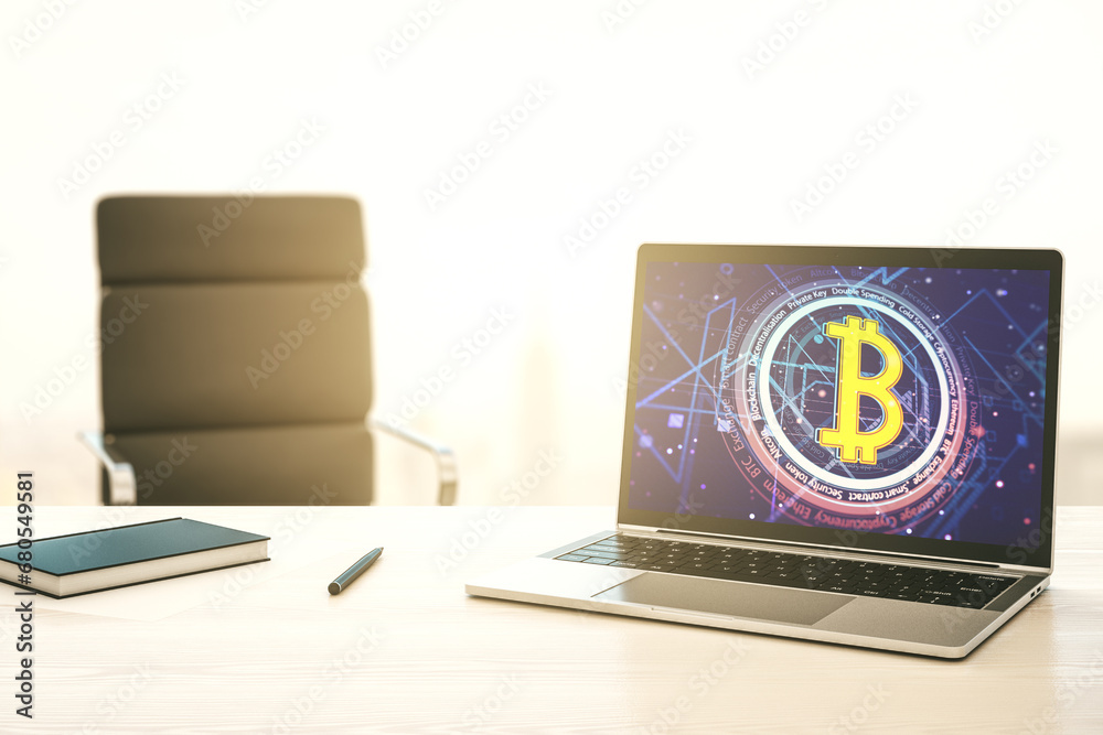 Fototapete Modern computer monitor with creative Bitcoin symbol. Cryptocurrency concept. 3D Rendering