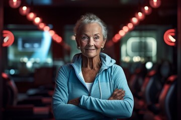 Obraz premium Portrait of a jovial woman in her 80s sporting a comfortable hoodie against a dynamic fitness gym background. AI Generation