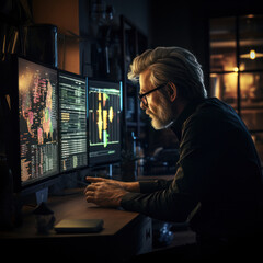 A gray-haired man is working at the computer in the office, generative AI