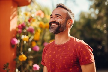 Portrait of a blissful man in his 30s donning a trendy cropped top against a bright and cheerful park background. AI Generation