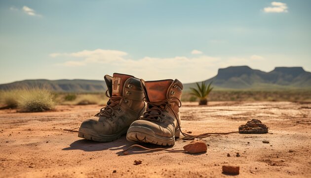 A pair of well-worn hiking boots standing at a crossroads in a desert landscape generative ai