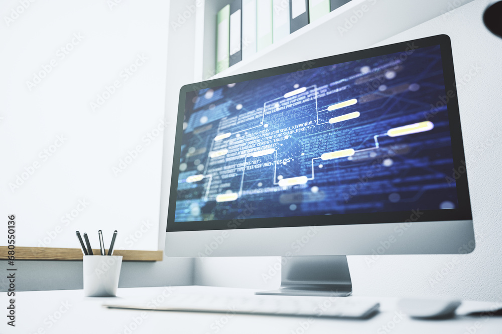 Leinwandbilder computer monitor with abstract creative programming illustration, big data and blockchain concept. 3