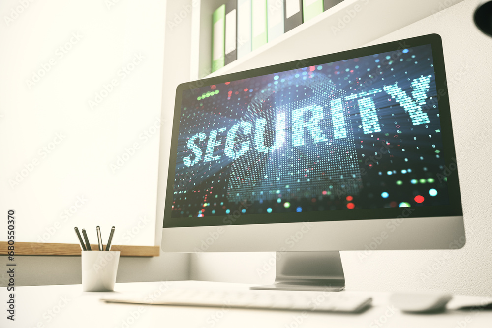 Poster cyber security creative concept on modern laptop monitor. 3d rendering