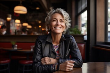 Portrait of a jovial woman in her 50s sporting a stylish varsity jacket against a serene coffee...