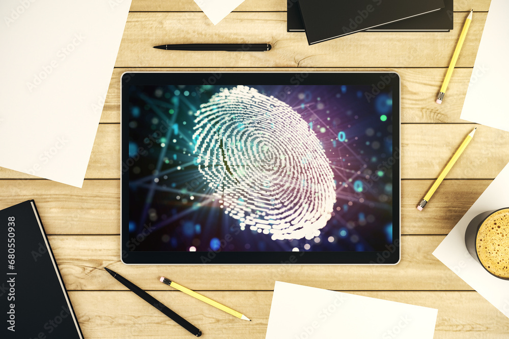 Aufkleber Top view of modern digital tablet display with abstract creative fingerprint illustration, personal biometric data concept. 3D Rendering