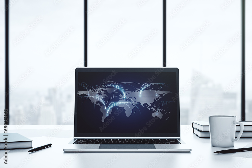 Poster modern computer monitor with abstract digital world map with connections, research and strategy conc