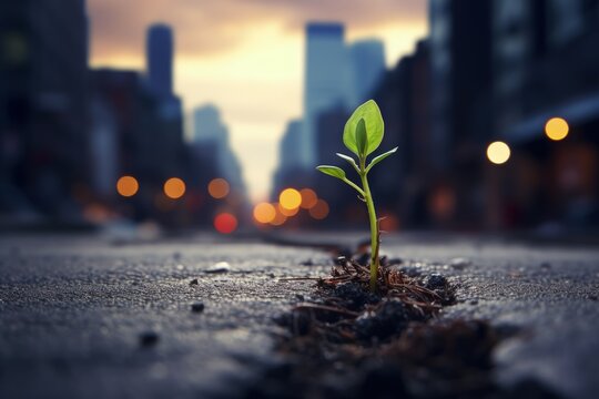Fresh plant sprout emerging from the asphalt in the middle of the road