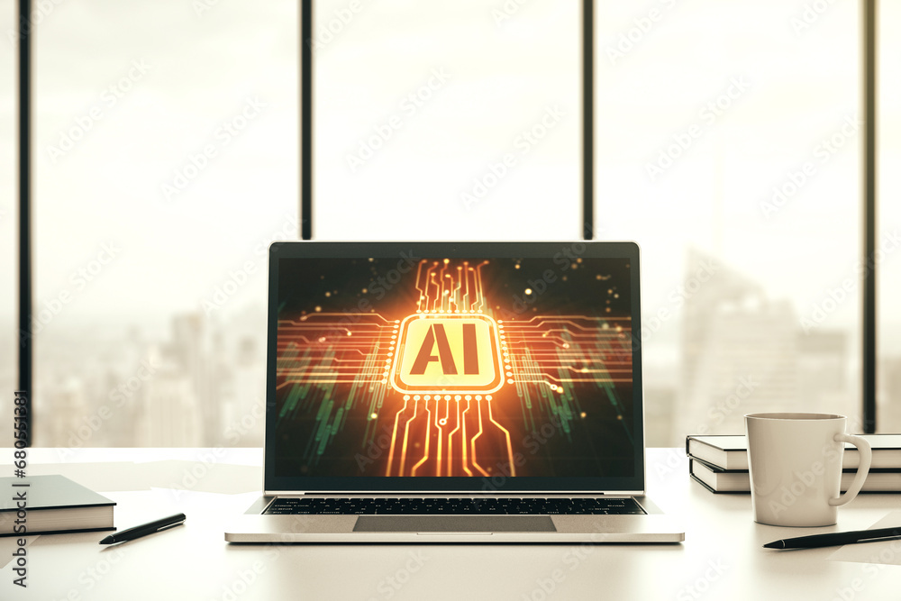Poster creative artificial intelligence symbol concept on modern laptop screen. 3d rendering