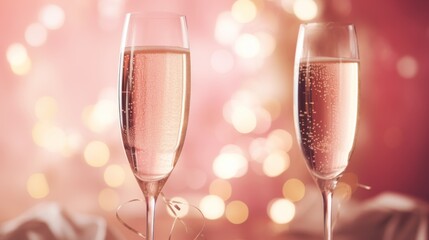 Two champagne flutes with pink bubbles on a table, AI - obrazy, fototapety, plakaty