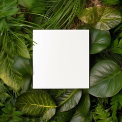 Blank square white card with copy space lying on a background of jungle plants Generative AI