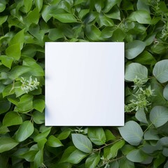 Blank square white card with copy space lying on a background of green ivy Generative AI