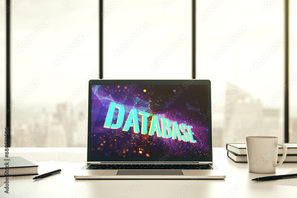 Poster Modern computer screen with Database word sign, global research and analytics concept. 3D Rendering