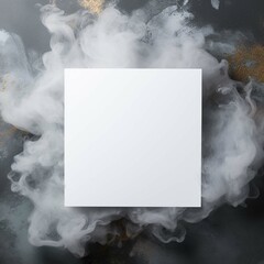 Blank square white card with copy space lying on a grey background with smoke behind Generative AI