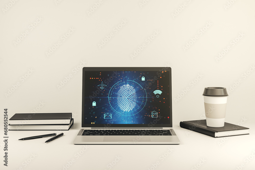 Poster Computer monitor with abstract fingerprint scan interface, digital access concept. 3D Rendering