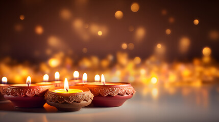 Diwali is an Indian holiday, the festival of fire. Lotus flowers and diyas oil lamps. With Generative AI technology, Decorative Diwali festive day banner. Event bokeh. Generate Ai, A diwali indian 

