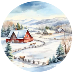 Foto op Canvas Round Christmas farm watercolor illustration, farmhouse landscape isolated with a transparent background, holiday farmhouse winter design © NadyaSaen 