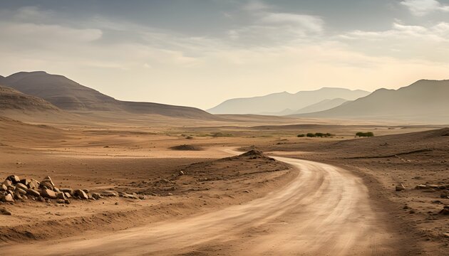 A road stretching through a vast desert, with tire tracks disappearing into the distance generated ai