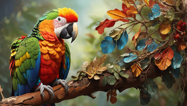 The parrot's feathers are a kaleidoscope of colors, each one more brilliant than the last. Its beady eyes seem to sparkle with intelligence as it gazes into the distance - AI Generative
