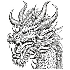 Obraz premium 2024 Dragon Year Symbol Illustration and Vintage Engraving, black white isolated Vector ink template for greeting card, poster, invitation, logo