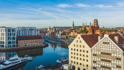 Panorama of Gdańsk with a view of the Crane, St. Mary's Church and the Motława River. Beautiful...