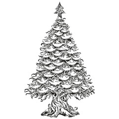 Christmas Tree Banner Hand Drawn Vintage Engraving for Seasonal Displays and Festive Settings, black white isolated Vector ink outlines template for greeting card, poster, invitation, logo