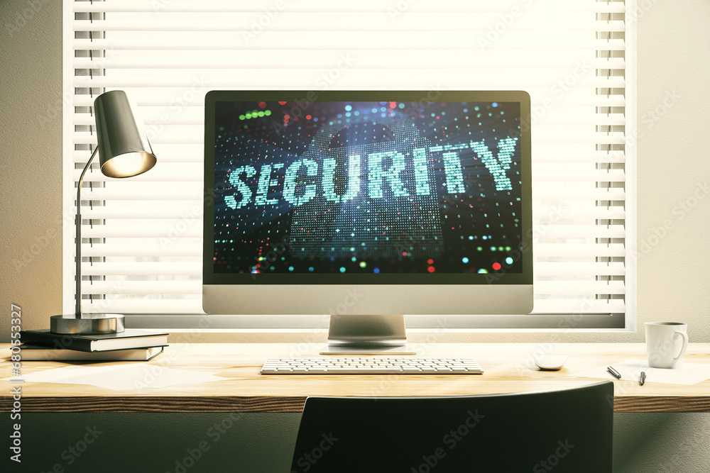 Poster cyber security creative concept on modern laptop monitor. 3d rendering