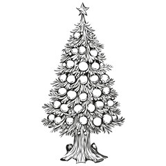 Christmas Tree Hand Drawn banner Vintage Sketch, Distinctive Emblematic Artwork Concept for Seasonal Themes, black white isolated Vector ink outlines template for greeting card