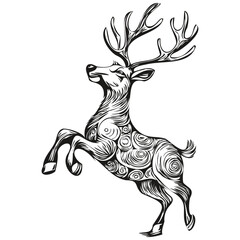 Hand Drawn Cartoon Reindeer, deer Sketch Vintage Engraving, black white isolated Vector ink outlines template for greeting card, poster, invitation, logo