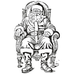 Santa Claus Black and White Drawing Father Christmas Sketch with Artistic Vintage Style, black white isolated Vector ink outlines template for greeting card, poster, invitation, logo