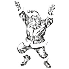 Santa Claus dancing Hand-Drawn Banner Sketch Detailed Christmas Illustration, Classic Style, black white isolated Vector ink outlines template for greeting card, poster, invitation, logo