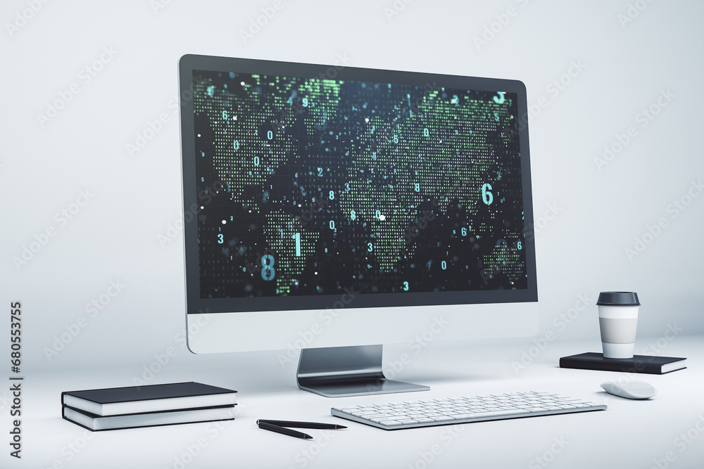 Poster Modern computer screen with abstract creative coding sketch and world map, artificial intelligence and neural networks concept. 3D Rendering
