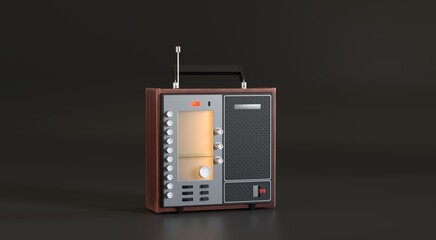 3D rendering. Retro radio, vintage receiver isolated on dark smooth surface with reflection. vintage receiver, sound technology