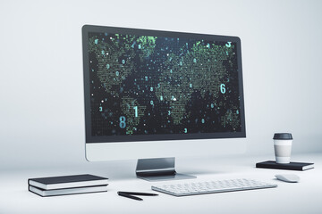 Modern computer screen with abstract creative coding sketch and world map, artificial intelligence and neural networks concept. 3D Rendering