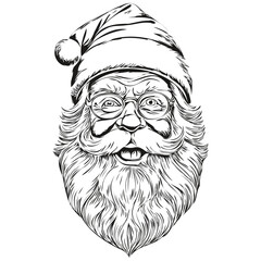 Santa Claus Father Christmas Vector Detailed Sketch, Classic Vintage Style, black white isolated Vector outlines template for greeting card, poster, invitation, logo