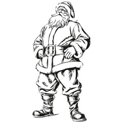 Santa Claus Greeting Card Hand-Drawn Silhouette Sketch, Warm Wishes for the Season, black white isolated Vector ink outlines template for greeting card, poster, invitation, logo