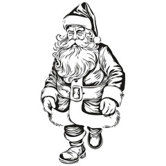 Santa Claus Greeting Card Sketch Detailed Christmas Illustration, Classic Style, black white isolated Vector ink outlines template for greeting card, invitation, logo