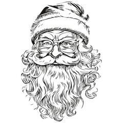 Santa Claus Greeting Card Sketch Detailed Christmas Illustration, Classic Style, black white isolated Vector outlines template for greeting card, poster, invitation, logo