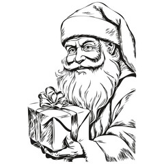 Santa Claus Hand-Drawn Cartoon Drawing Detailed Christmas Illustration, Classic Style, black white isolated Vector ink outlines template for greeting card, poster, logo