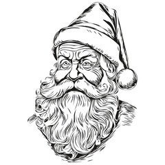 Santa Claus Hand-Drawn Cartoon Drawing Detailed Christmas Illustration, Classic Style, black white isolated Vector ink outlines template for greeting card, invitation, logo