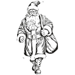 Santa Claus Hand-Drawn Cartoon Drawing Detailed Christmas Illustration, Classic Style, black white isolated Vector outlines template for greeting card, poster, invitation, logo