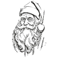 Santa Claus Hand-Drawn Cartoon Sketch Detailed Christmas Illustration, Classic Style, black white isolated Vector ink outlines template for greeting card, invitation, logo