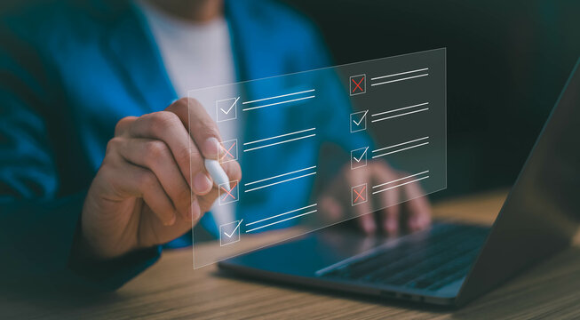 Checklist online questionnaire form concept, businessman tick option online survey, Customer Experiences research poll on website, answer questions of test, checkmarks and Filling online form.
