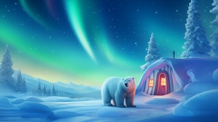 Magical Arctic twilight with polar bear and snow-covered cabins - obrazy, fototapety, plakaty