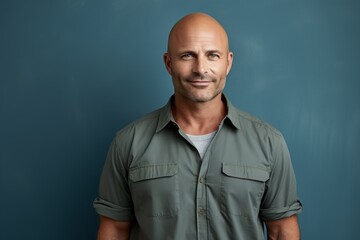 Fototapeta premium Portrait of a blissful man in his 40s sporting a vented fishing shirt against a minimalist or empty room background. AI Generation