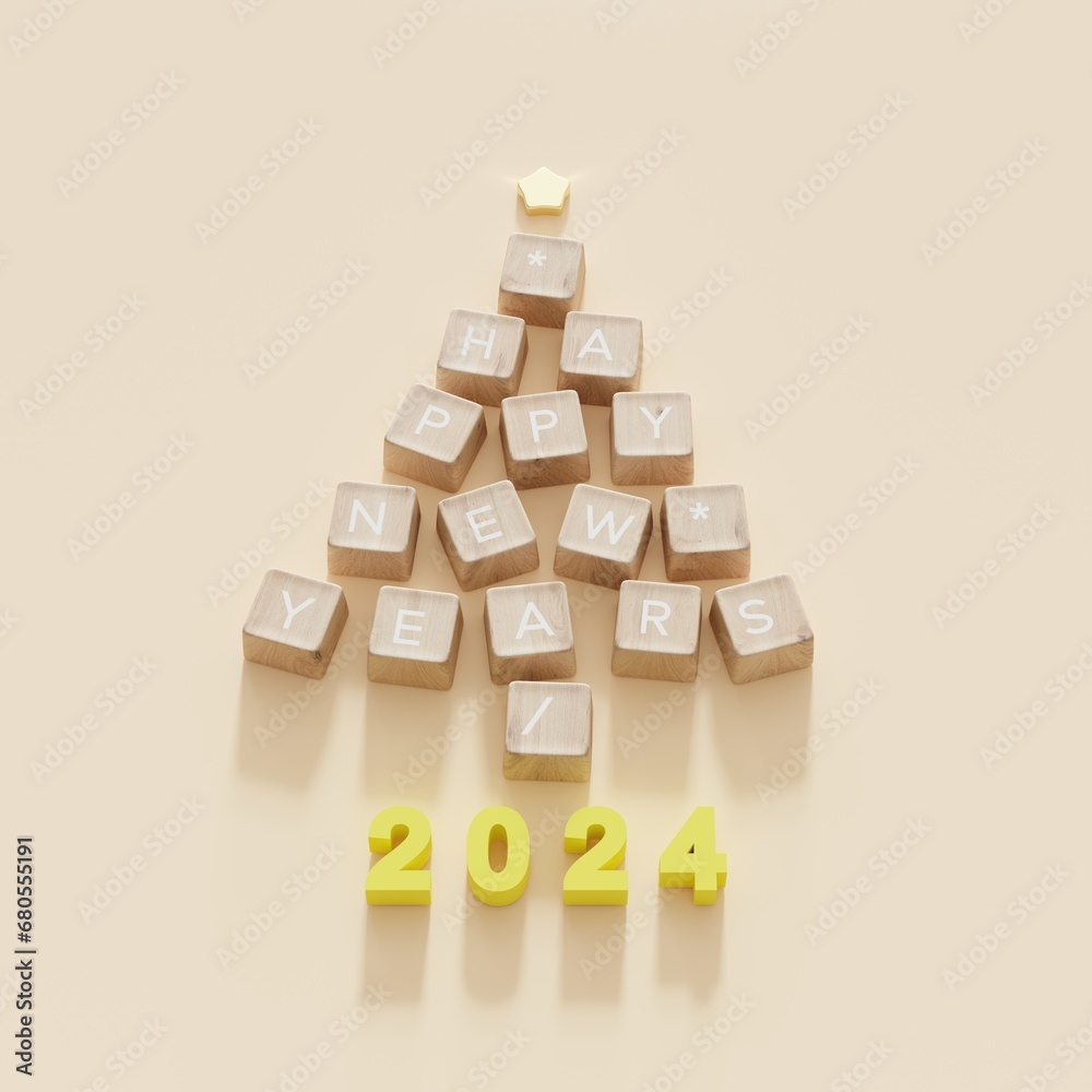 Fototapete christmas tree symbol made by wooden color computer keys cap on black background. minimal christmas 